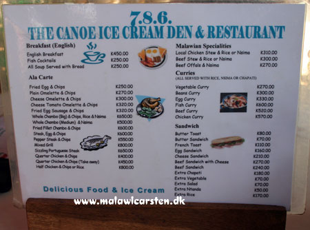 The Canoe Ice Cream Den & Restaurant menukort